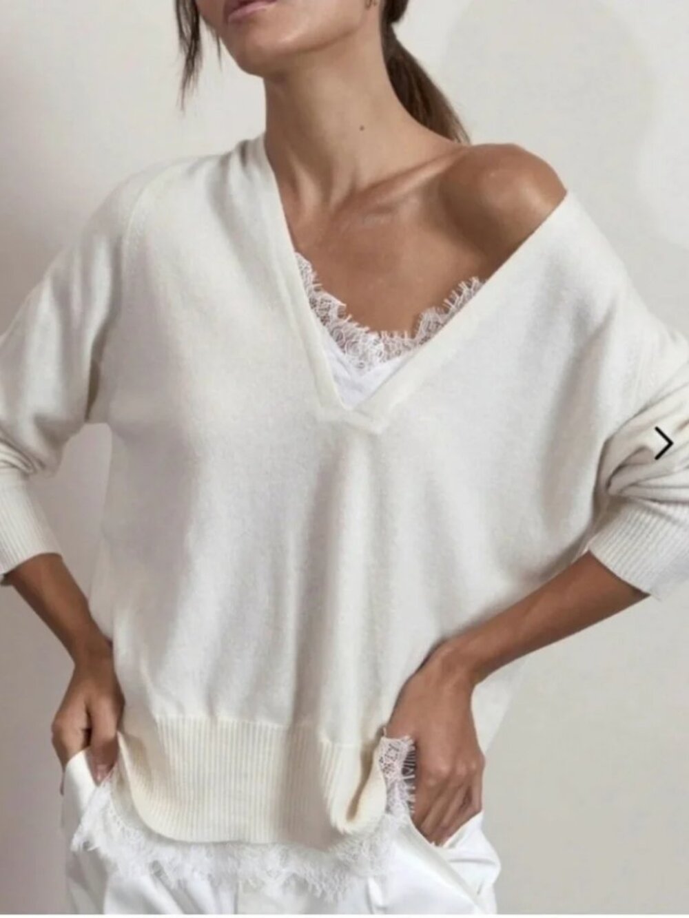 Brochu Walker The Lace Vee Looker Pullover Ivory S Layered V-Neck Wool Cashmere